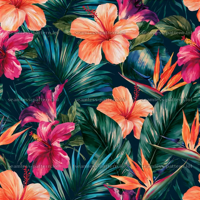 Watercolor floral repeat pattern with hibiscus and tropical leaves — seamless tileable pattern