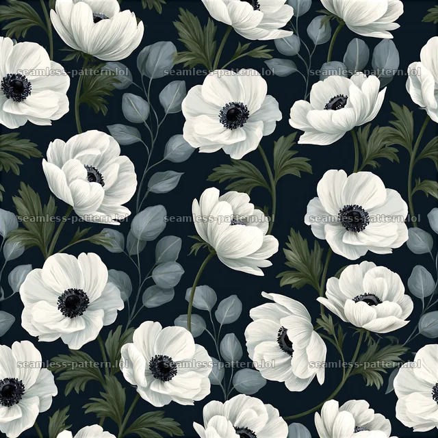 Delicate flower seamless pattern with white blooms and green leaves — seamless tileable pattern