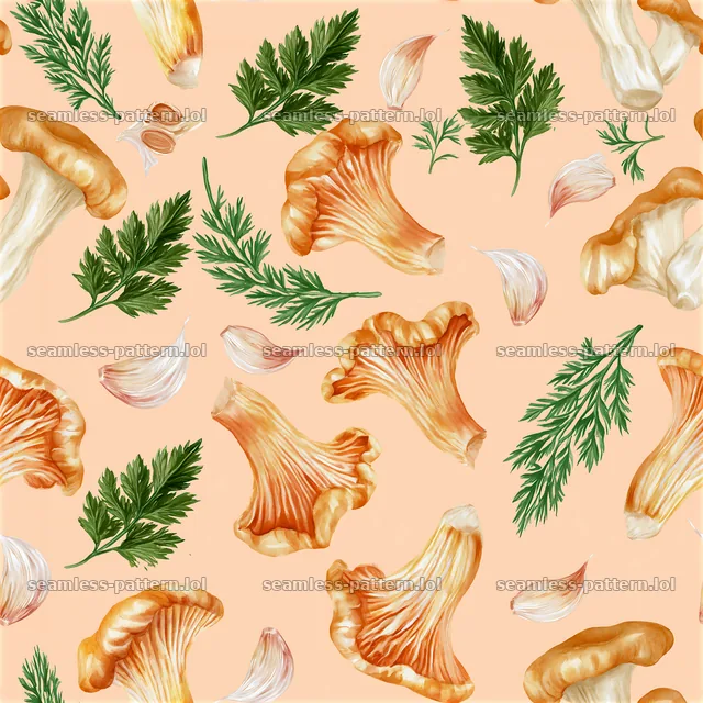 Seamless mushroom topping pattern with herbs and garlic elements — seamless tileable pattern