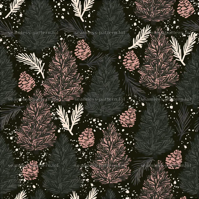 Seamless fir tree pattern with branches and pine cones on dark background — seamless tileable pattern