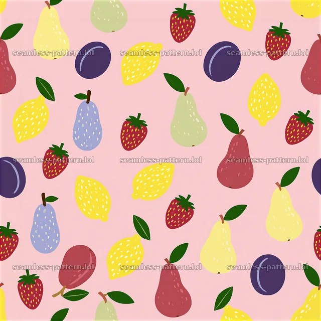 Funky fruit seamless pattern with pears, strawberries, and lemons — seamless tileable pattern