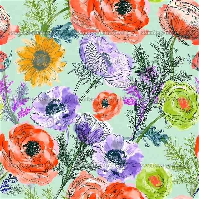 Colorful vibrant floral seamless pattern with bright flowers and greens — seamless tileable pattern
