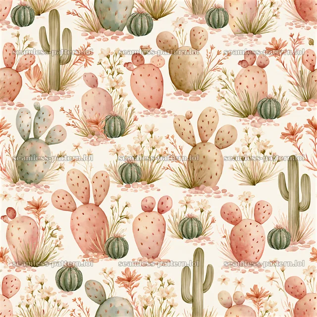 Seamless watercolor desert pattern with cacti and flowers — seamless tileable pattern