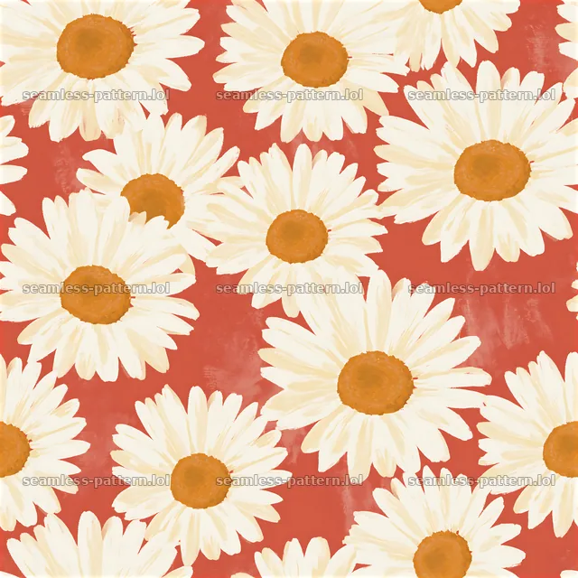 Daisy repeating pattern on a red background with yellow centers — seamless tileable pattern