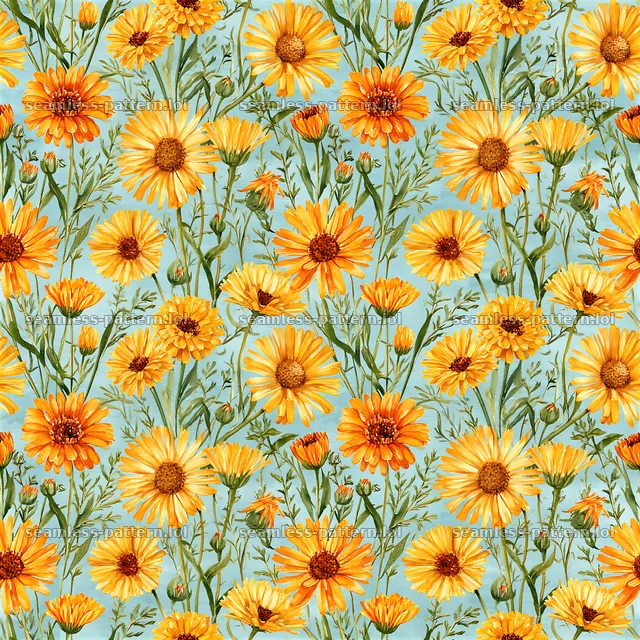 Seamless watercolor floral pattern with orange flowers and green stems — seamless tileable pattern