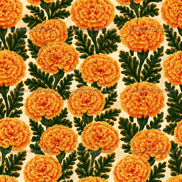 Marigold repeat pattern with vibrant orange flowers and green leaves — seamless tileable pattern