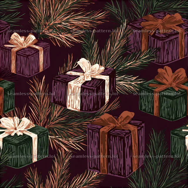 Seamless pattern of holiday parcels and pine sprigs in rich colors — seamless tileable pattern