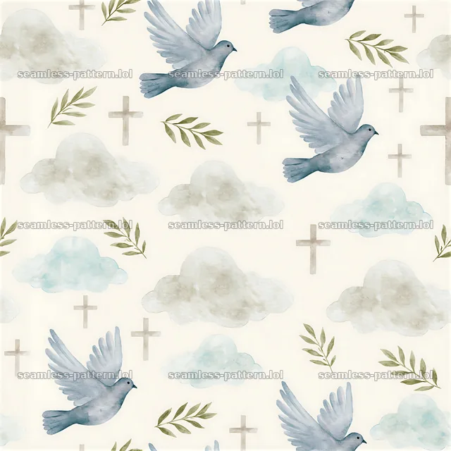 Seamless Christian faith pattern with watercolor doves and clouds — seamless tileable pattern