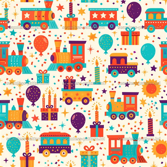 Birthday trains seamless pattern featuring colorful trains, gifts, and balloons — seamless tileable pattern