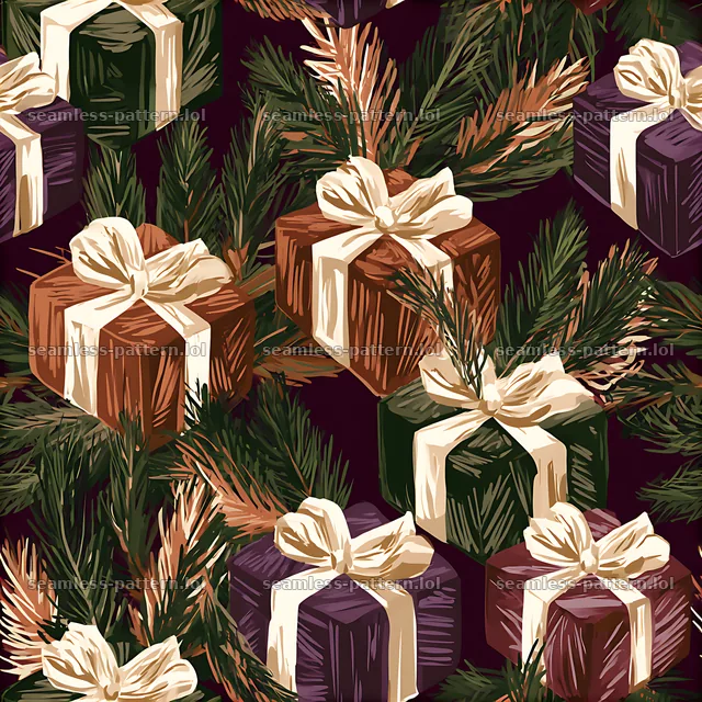 Seamless pattern of holiday parcels and pine sprigs on dark background — seamless tileable pattern