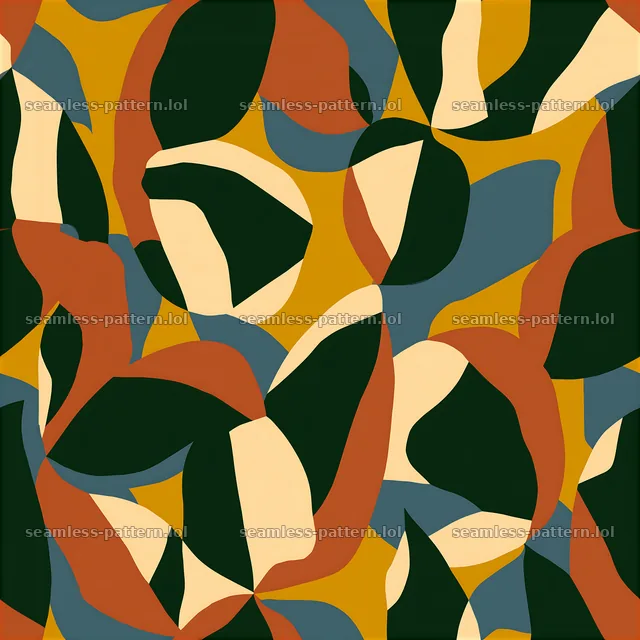 Repeating pattern with leafy camouflage forms in earthy tones — seamless tileable pattern