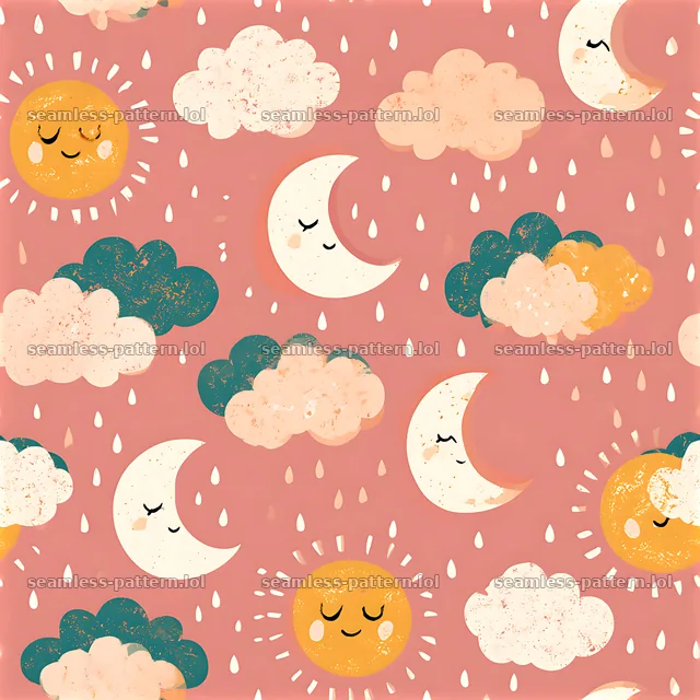 Cute sun and cloud seamless pattern with smiling features and soft colors — seamless tileable pattern