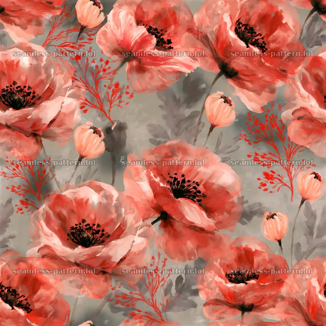 Tileable watercolor red flower pattern with soft grey background — seamless tileable pattern