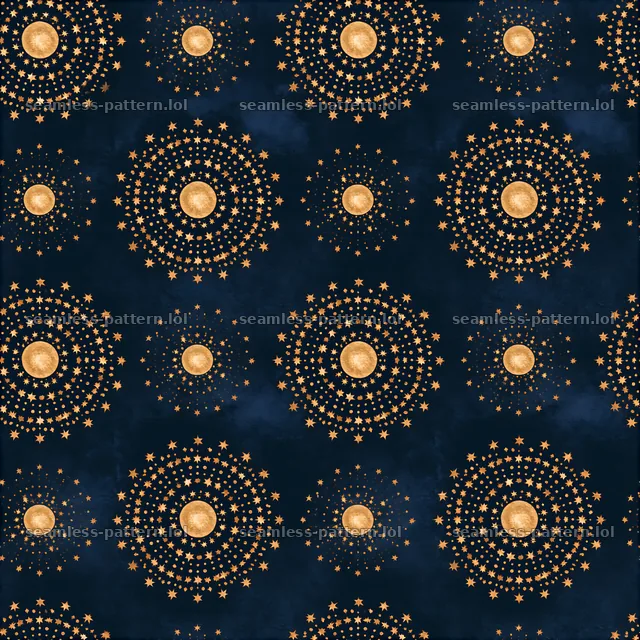 Tileable texture featuring golden halos and soft stars in a dark background — seamless tileable pattern