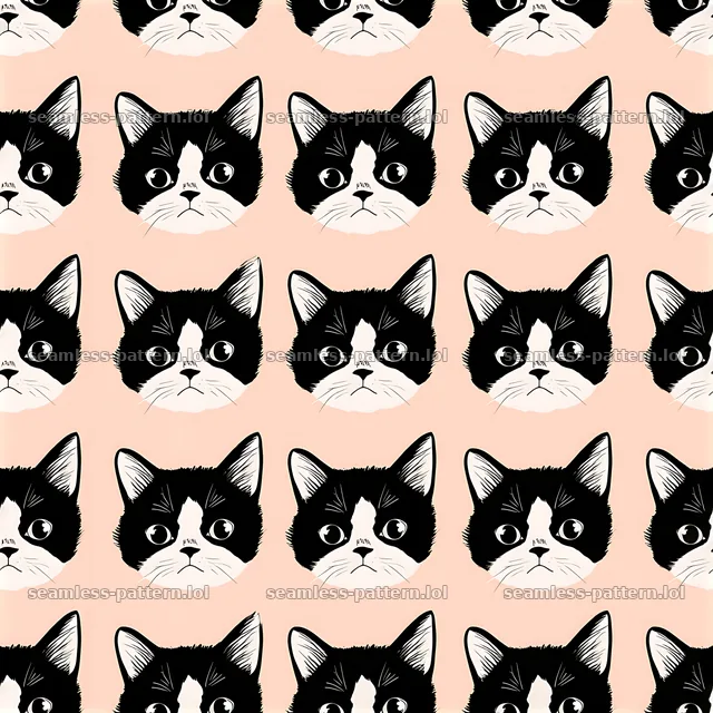 Cute kitten faces seamless pattern with playful expressions in black and white — seamless tileable pattern