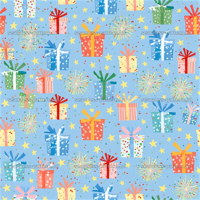 Pattern/birthday scrapbook repeat pattern with colorful gift boxes — seamless tileable pattern