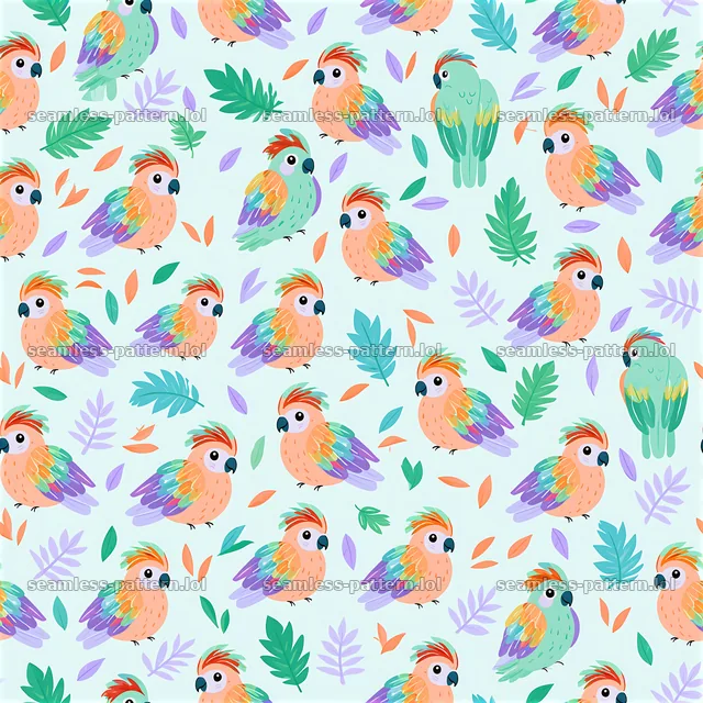 Funky parrots seamless pattern with colorful birds and leaves — seamless tileable pattern