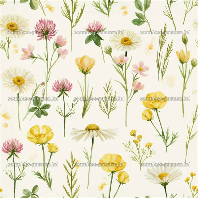 Tileable watercolor meadow flower pattern with various blooms — seamless tileable pattern