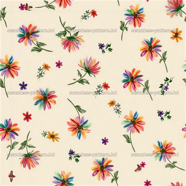 Rainbow flower tileable pattern with various colorful flowers — seamless tileable pattern