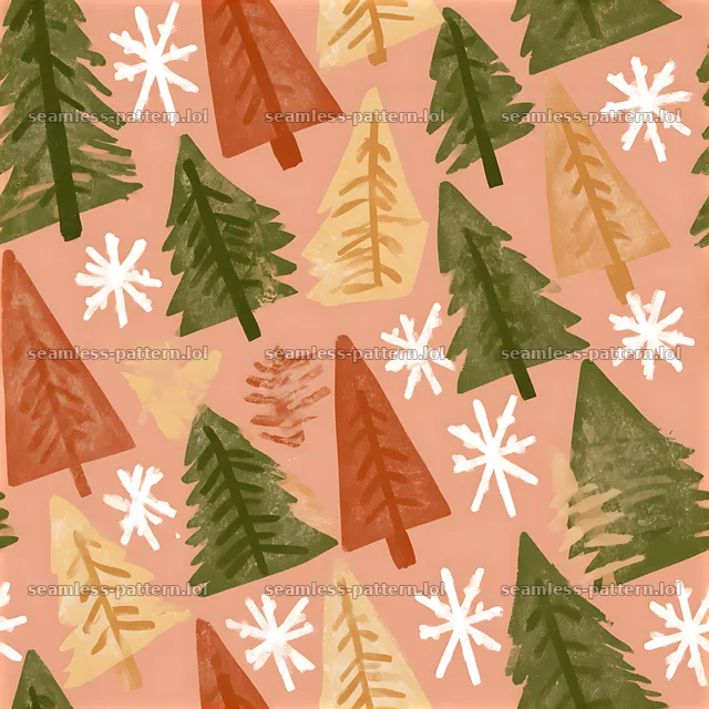 Seamless Christmas tree and snowflake pattern in warm colors — seamless tileable pattern