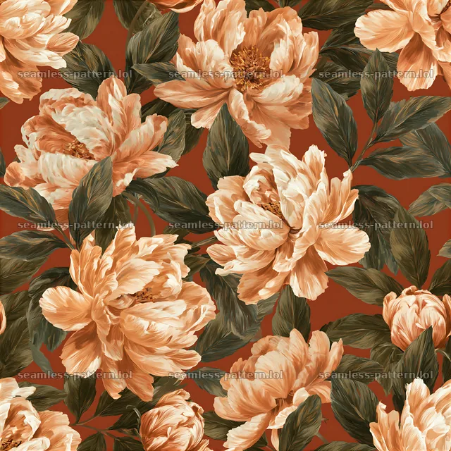 Peony repeat pattern with soft petals and green leaves on a brown background — seamless tileable pattern