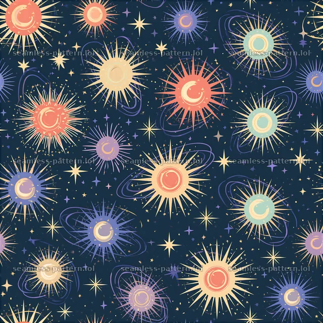 Colorful sun seamless pattern with celestial elements and stars — seamless tileable pattern
