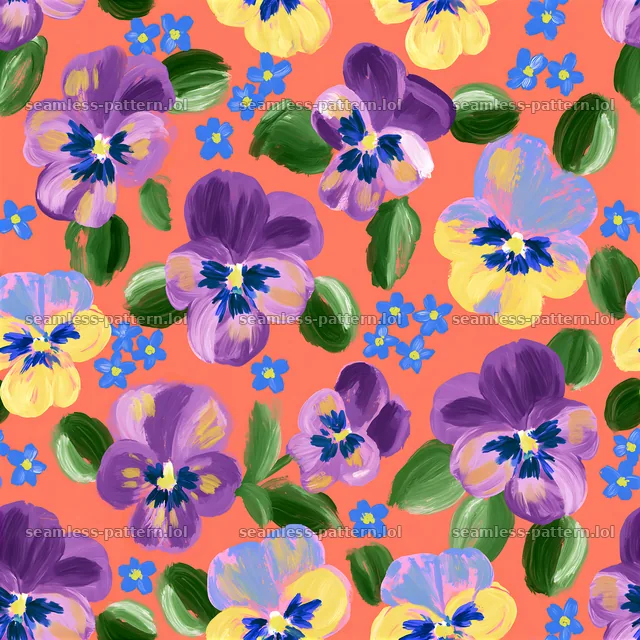 Painted flower seamless texture with colorful blooms on coral background — seamless tileable pattern