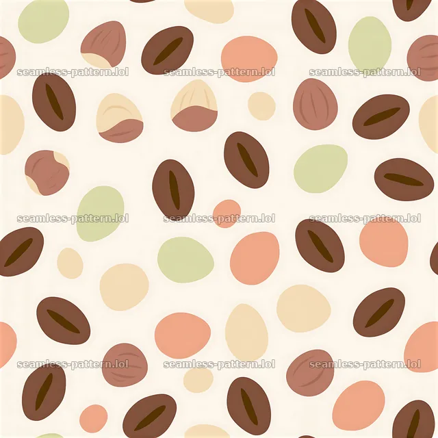 Seamless coffee beans and hazelnuts pattern in light colors — seamless tileable pattern