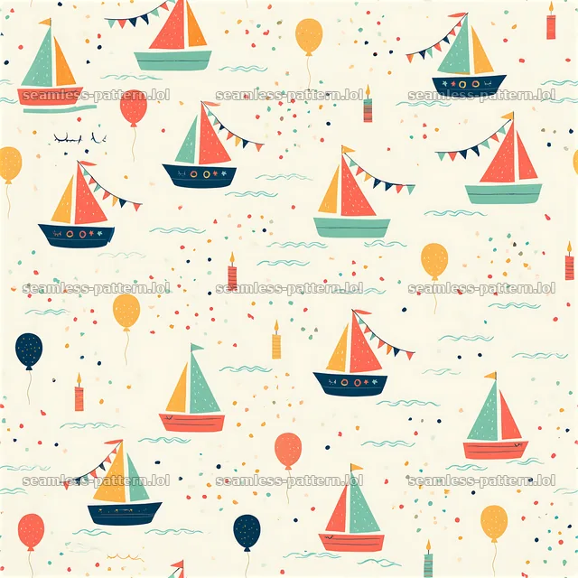 Birthday sailboats seamless pattern with balloons and candles — seamless tileable pattern