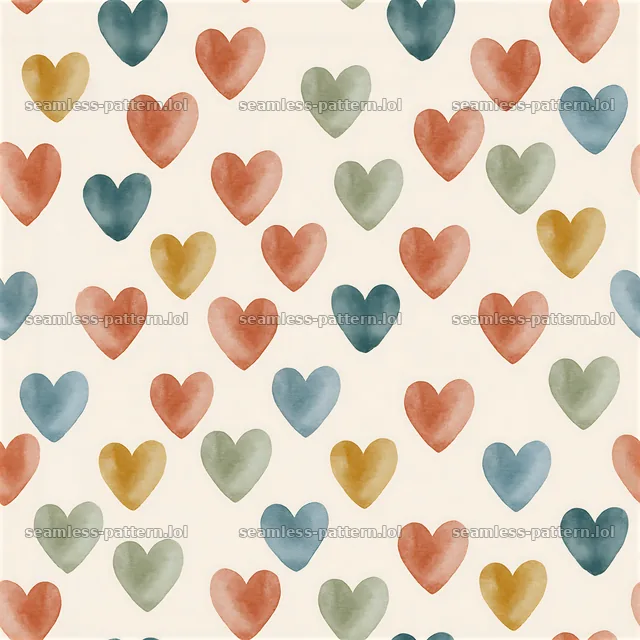 Seamless watercolor heart pattern with colorful hearts on light background — seamless tileable pattern