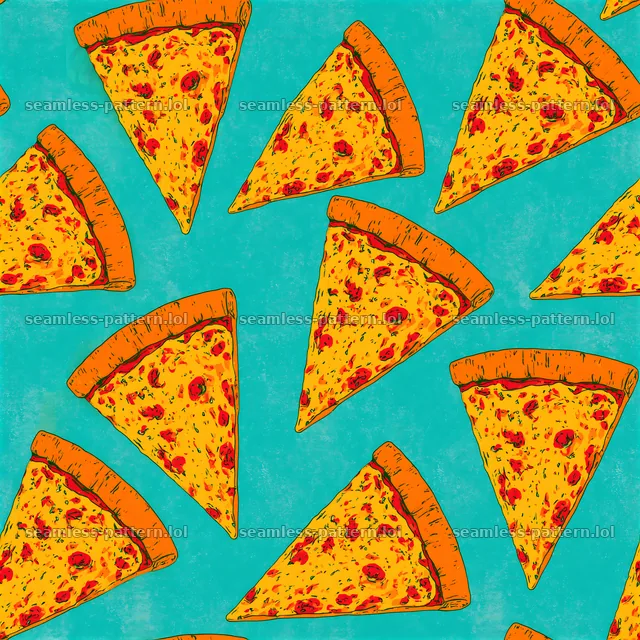 Seamless cheese pizza pattern with colorful slices on a blue background — seamless tileable pattern
