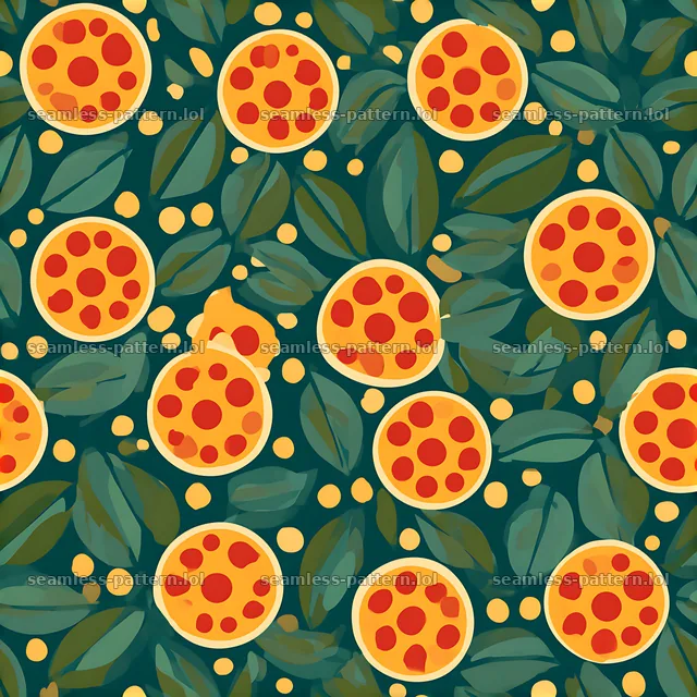 Seamless minimal pizza pattern on green background with leaves — seamless tileable pattern