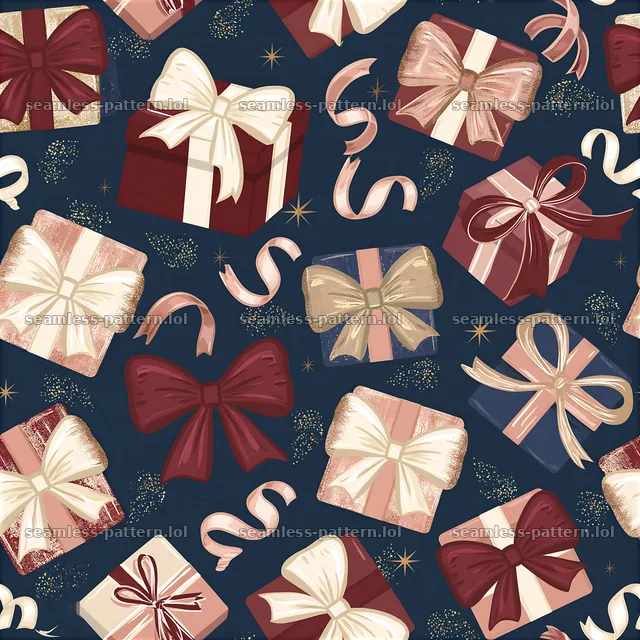 Pattern/birthday packaging repeat pattern with gift boxes and bows — seamless tileable pattern