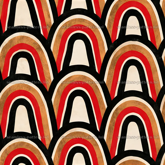 Rainbow curve black red gold seamless pattern with distinct arcs — seamless tileable pattern