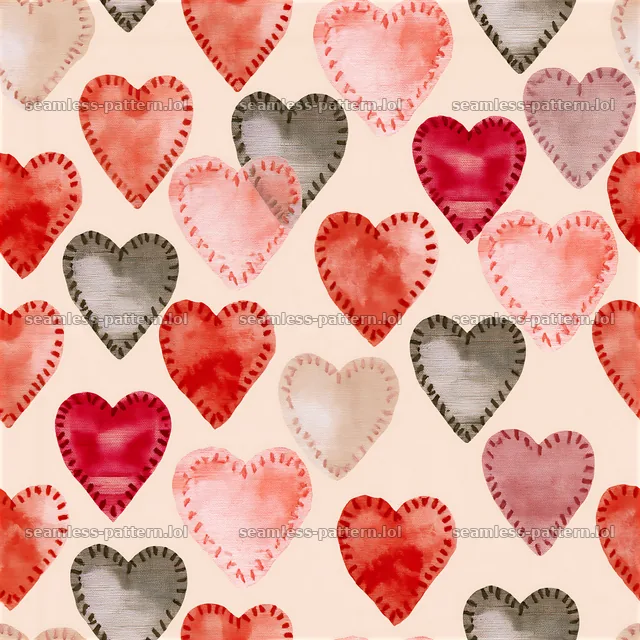 Stitched hearts repeating pattern features vibrant colors and soft shapes — seamless tileable pattern