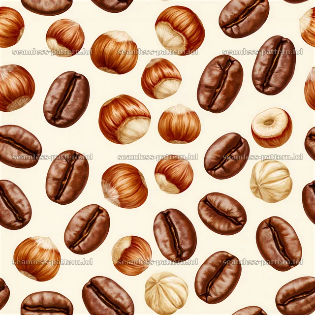 Pattern/seamless coffee beans and hazelnuts pattern on light background — seamless tileable pattern
