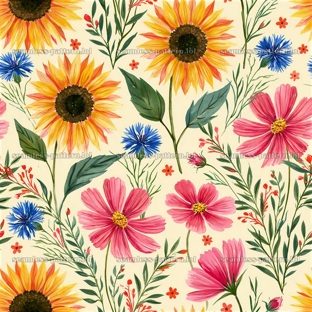 Colorful watercolor pattern with sunflowers and cosmos — seamless tileable pattern