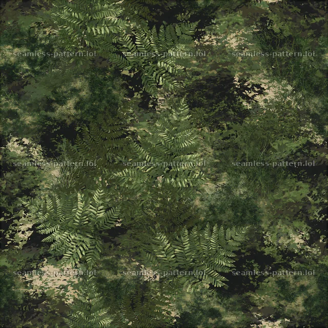 Seamless camouflage pattern featuring ferns and foliage in green tones — seamless tileable pattern