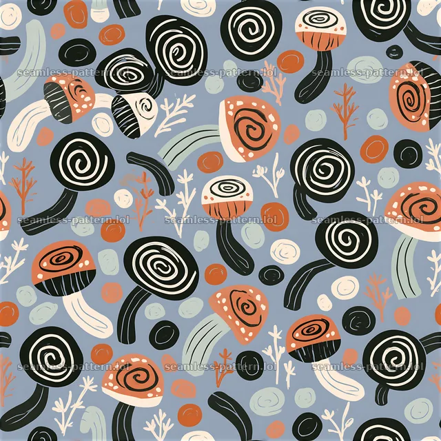 Funky mushroom tileable pattern with abstract mushrooms on a blue background — seamless tileable pattern