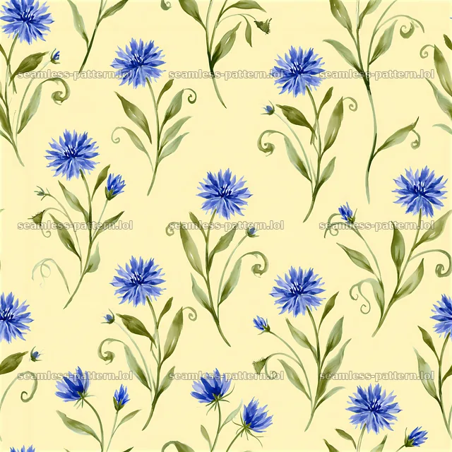 Repeating watercolor cornflower pattern on light yellow background — seamless tileable pattern