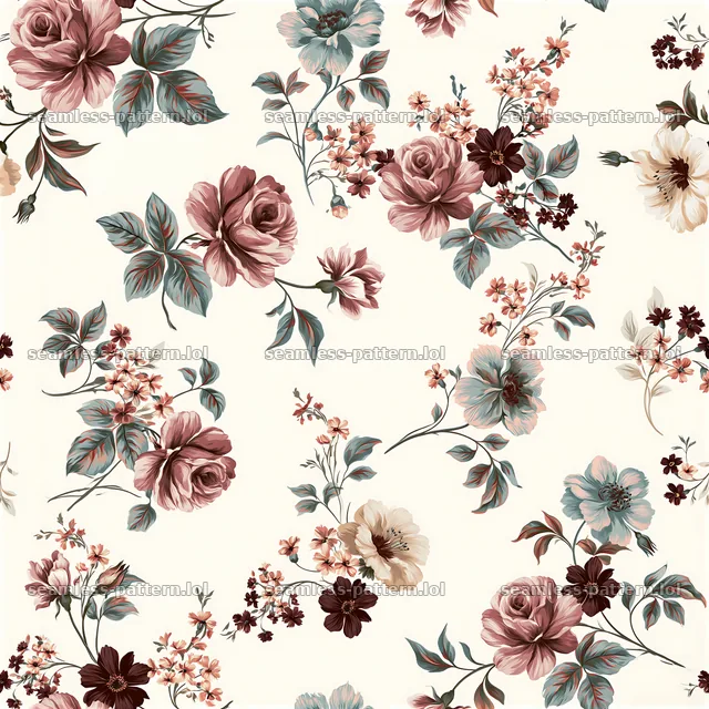 Vintage flower tileable pattern with roses and leaves — seamless tileable pattern