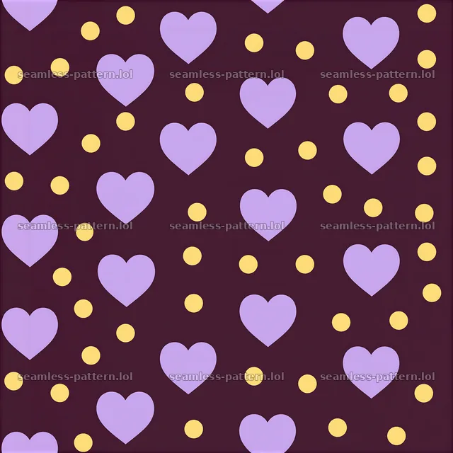Seamless heart and polka dot pattern with purple hearts on maroon background — seamless tileable pattern