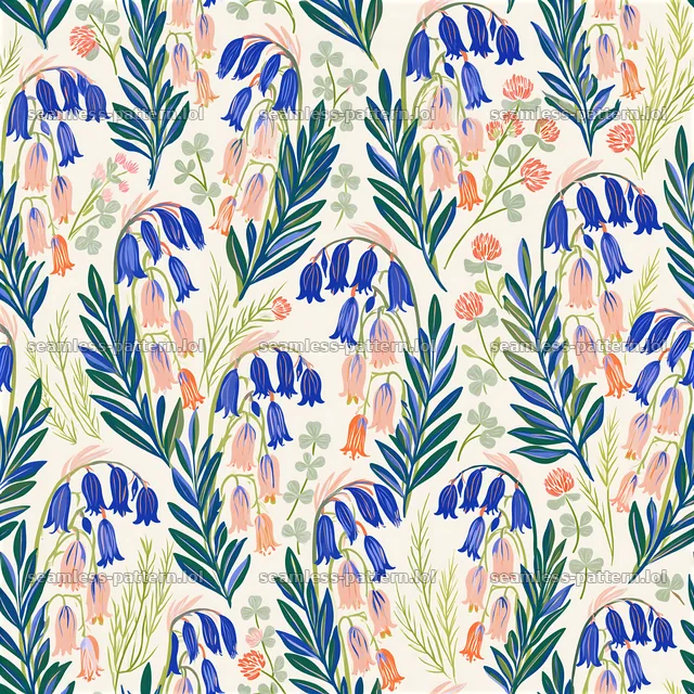 Bright botanical repeat pattern with bluebell flowers and green leaves — seamless tileable pattern