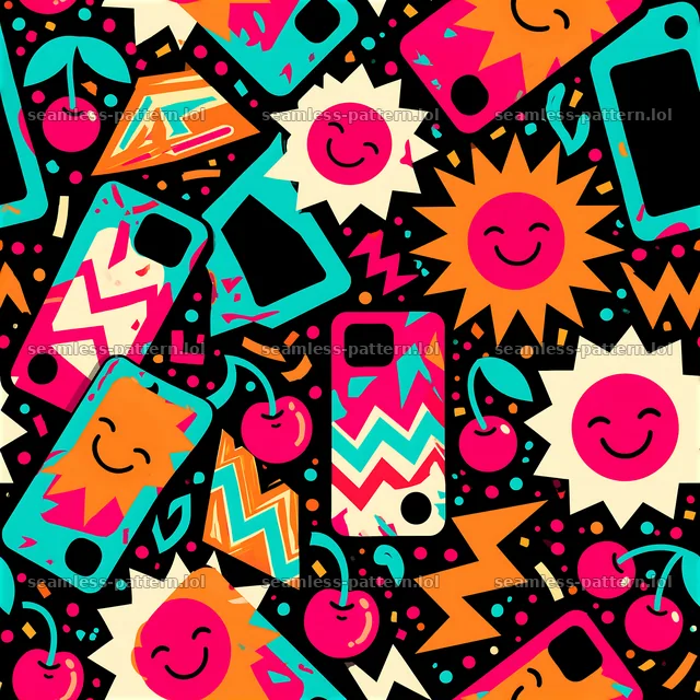 Funky phone case seamless pattern with bright colors and playful elements — seamless tileable pattern