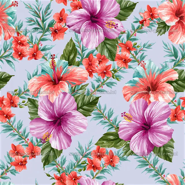 Tropical flower tileable pattern with hibiscus and blossoms — seamless tileable pattern