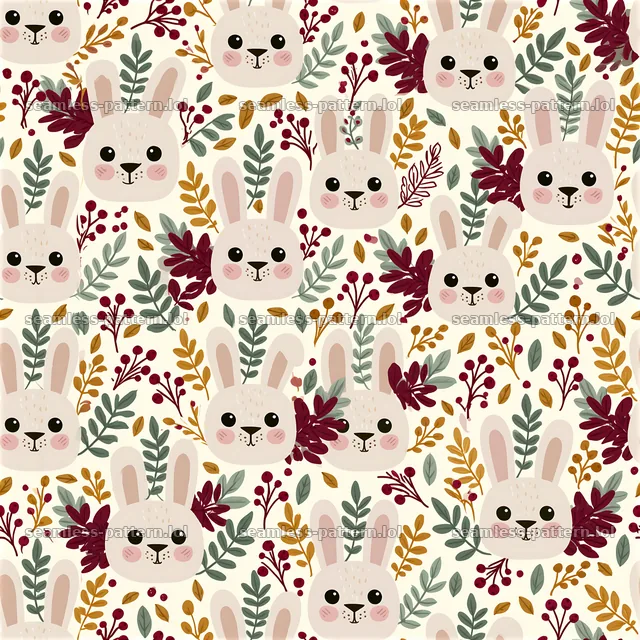 Cute bunny faces seamless pattern with foliage and flowers — seamless tileable pattern