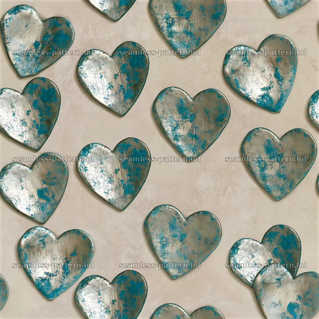 Seamless metallic heart pattern with turquoise and silver hearts on light background — seamless tileable pattern