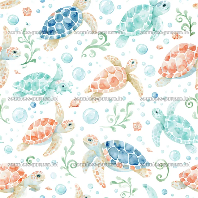 Cute turtle seamless pattern with turtles, bubbles, and sea plants — seamless tileable pattern