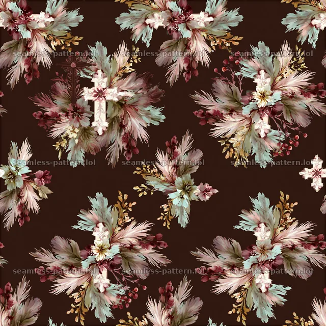 Repeating pattern of floral cross wreaths in vintage watercolor — seamless tileable pattern