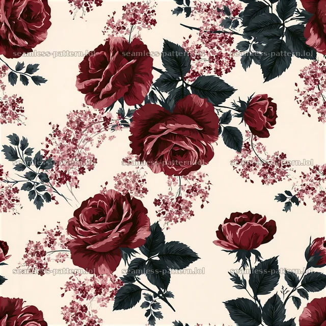 Romantic roses seamless pattern features dark red flowers and greenery — seamless tileable pattern